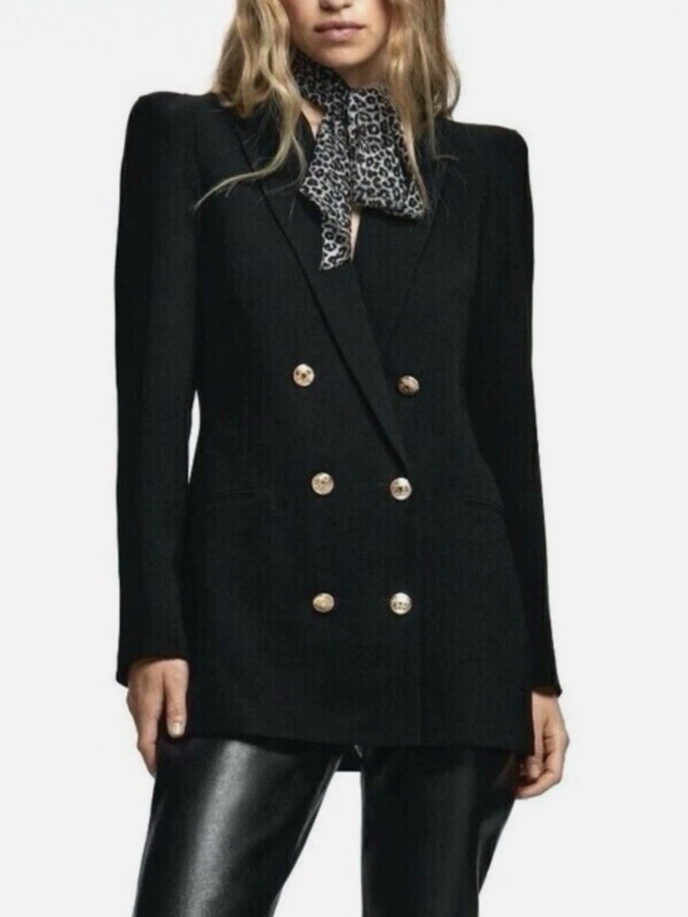 Zara Women’s Black Double Breasted Runway Shoulder Pad Blazer Jacket Size M